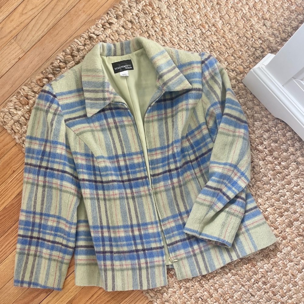 Vintage Women’s Blue and Green Plaid Zip Up Jacket